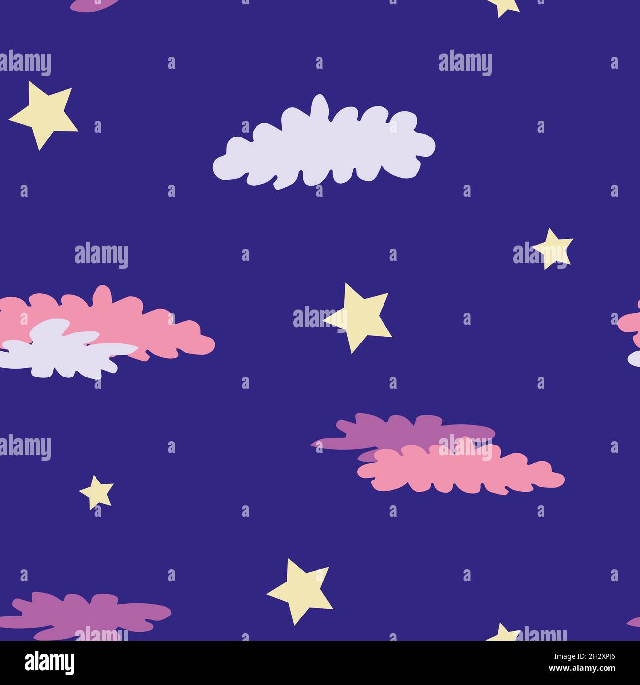 Modello senza cuciture con stelle beige e nuvole rosa. Illustrazione Vettoriale