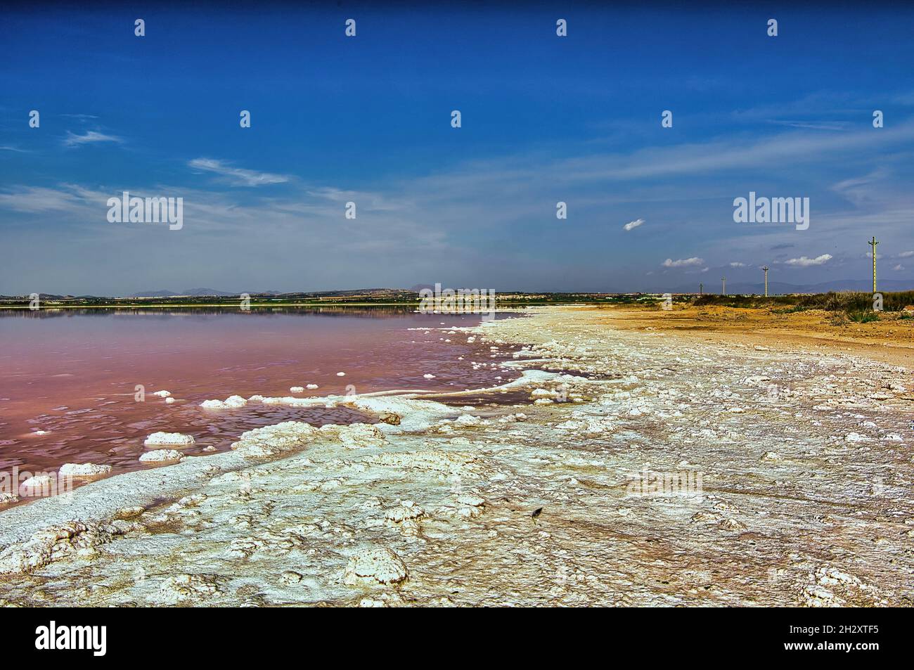 Paesaggio con vista sul lago salato, con acqua rosa, nella città di Torrevieja. Sulle rive si vedono grandi quantità di sale. Spagna, Alicante Foto Stock