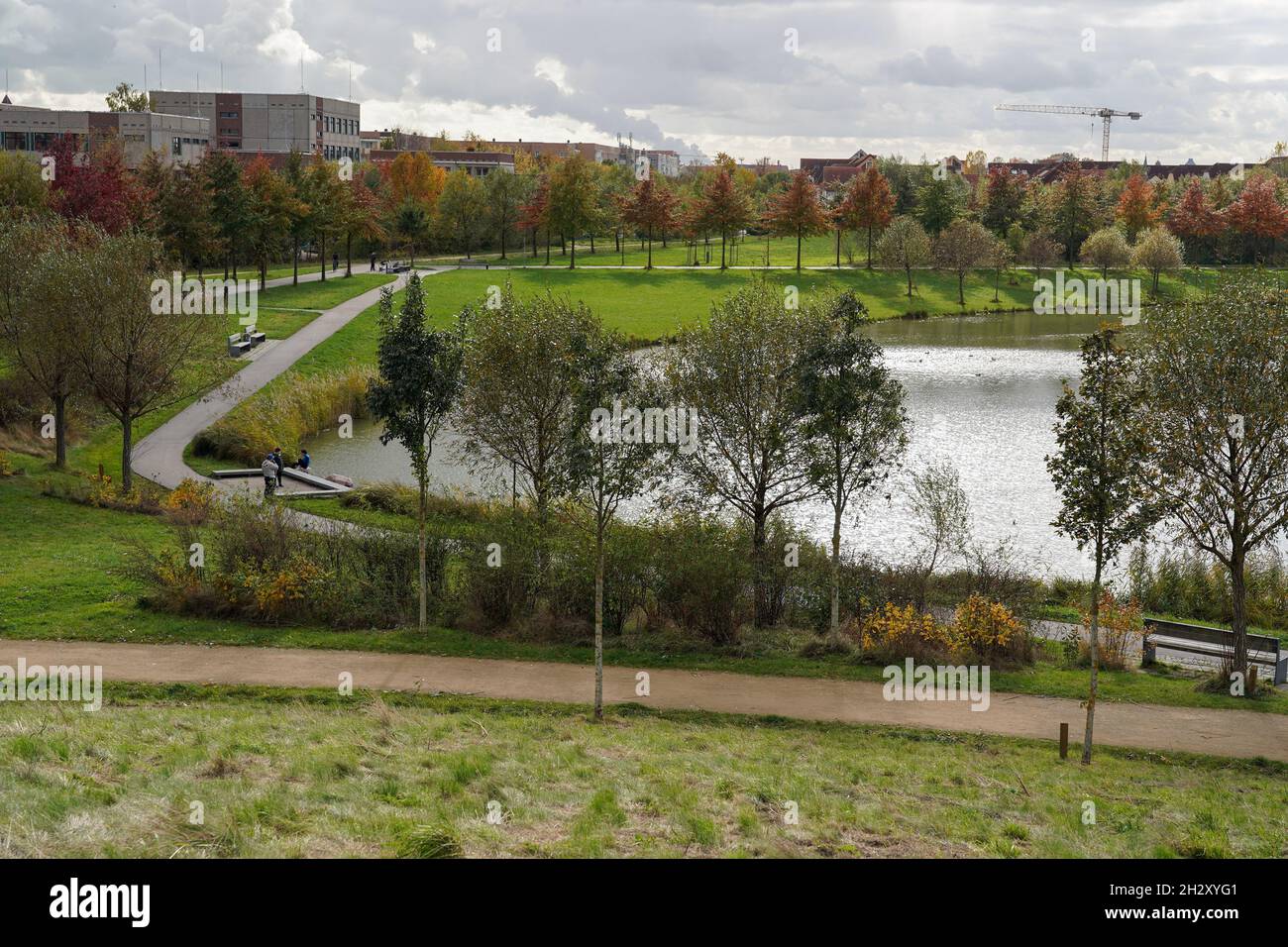 Lipsia, Germania. 23 ottobre 2021. La parte meridionale del 'Grüner Bogen Paunsdorf'. Il sito è un'area paesaggistica nella parte nord-orientale di Lipsia. Il concetto generale di architettura paesaggistica per il sito è risultato da una competizione di pianificazione urbanistica e paesaggistica nel 2000, dopo la quale aree ricreative di alta qualità sono state create da terreni agricoli e militari in congiunzione con strategie di conservazione della natura. Credit: Peter Endig/dpa-Zentralbild/ZB/dpa/Alamy Live News Foto Stock