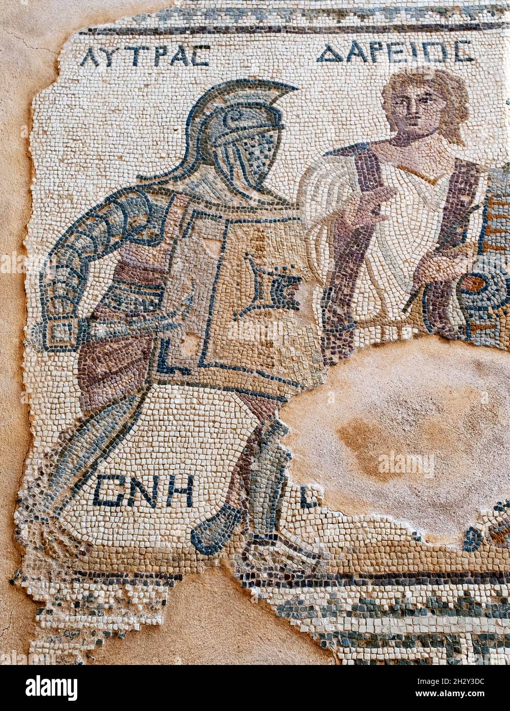 Mosaico del gladiatore nella Casa dei gladiatori, nel sito archeologico di Kourion, Repubblica di Cipro. Foto Stock