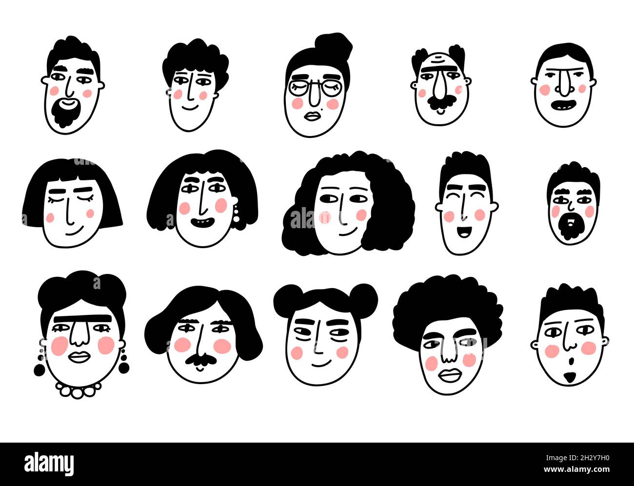 Faccia di Doodle. Set avatar per caricature. Cartoon carino hipster persone. Illustrazioni vettoriali Illustrazione Vettoriale