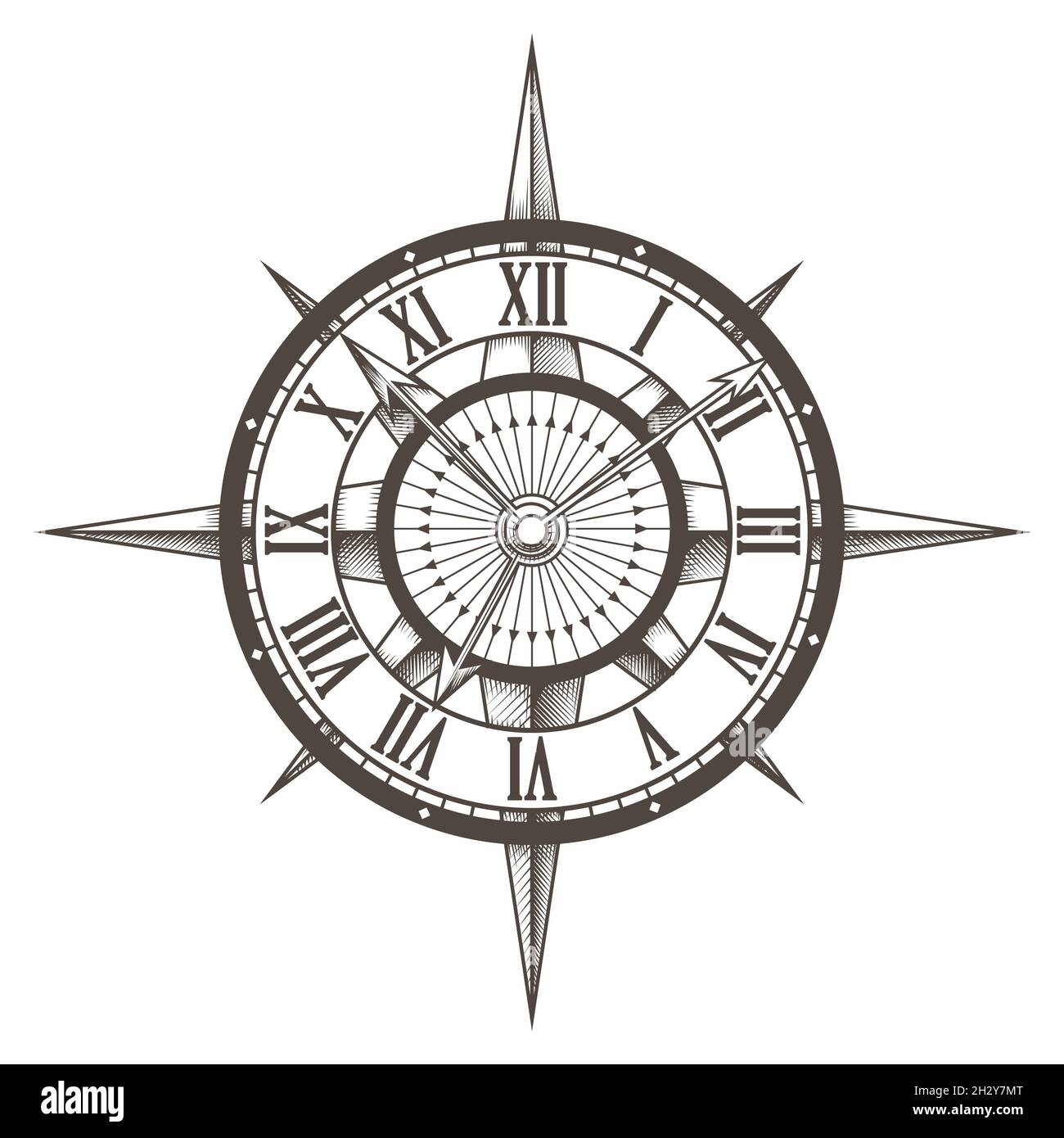 Emblema retrò dell'orologio a bussola circolare disegnato su sfondo bianco. Illustrazione vettoriale. Illustrazione Vettoriale