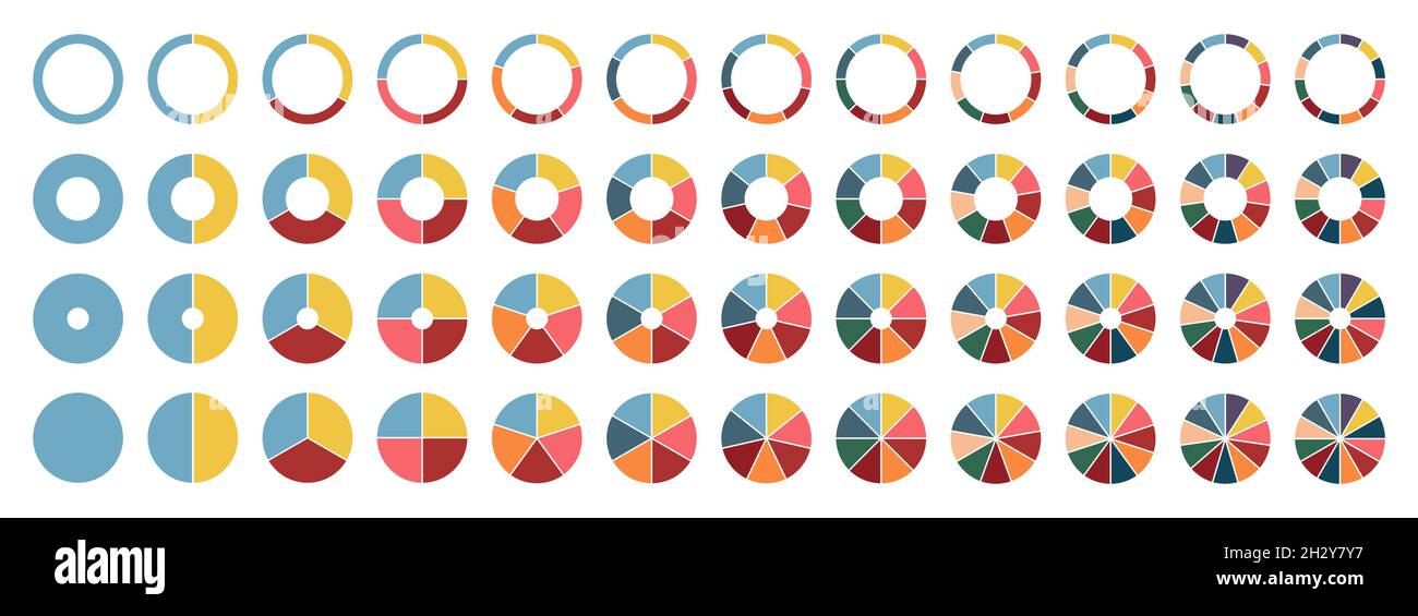 Grafico a torta circolare. 2,3,4,5,6,7,8,9,10,11,12 sezioni o gradini. Ciclo di processo piatto. Settori di progresso. Illustrazione Vettoriale