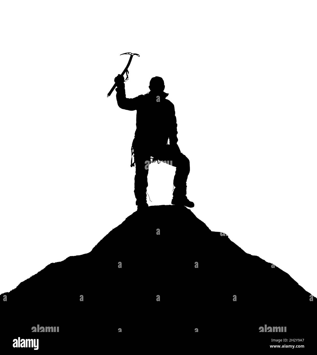 Figura vettoriale logo silhouette di uno scalatore con ascia di ghiaccio in mano sul monte Dhaulagiri silhouette nera su sfondo bianco Foto Stock
