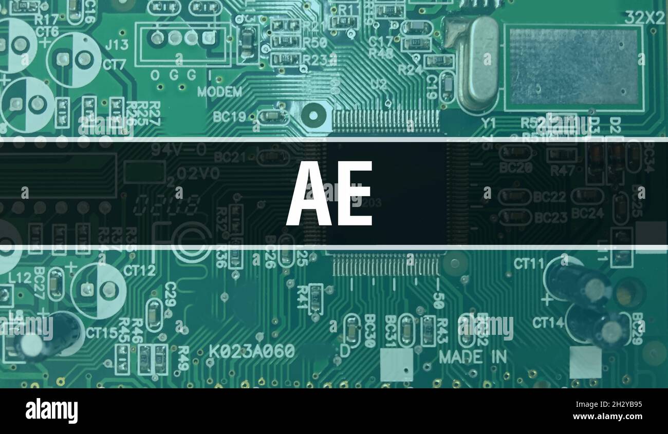 AE Concept con scheda madre per computer. Testo AE scritto su Technology Motherboard tecnologia digitale background. AE con scheda a circuito stampato e chip Foto Stock