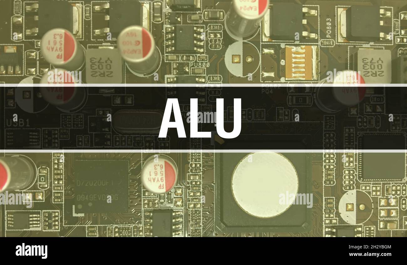 ALU con tecnologia scheda madre digitale. SCHEDA a circuito STAMPATO PER COMPUTER E ALU tecnologia hardware per computer elettronica scheda madre concetto di chip digitale. Clos Foto Stock