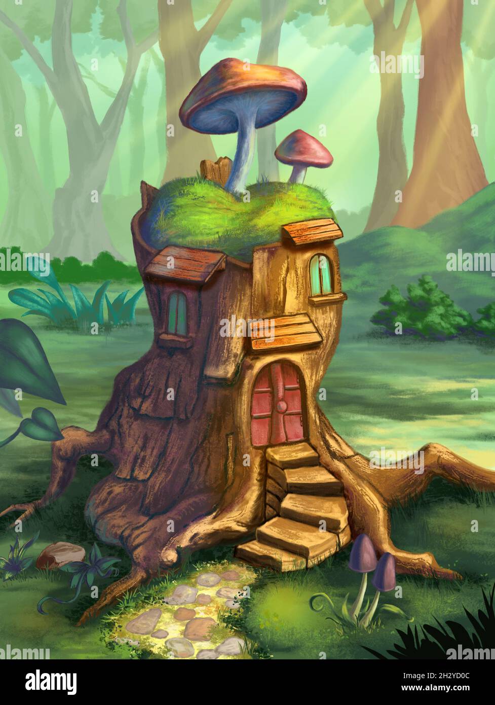 piccola casa costruita in un ceppo di albero da una creatura di bosco. Illustrazione digitale. Foto Stock