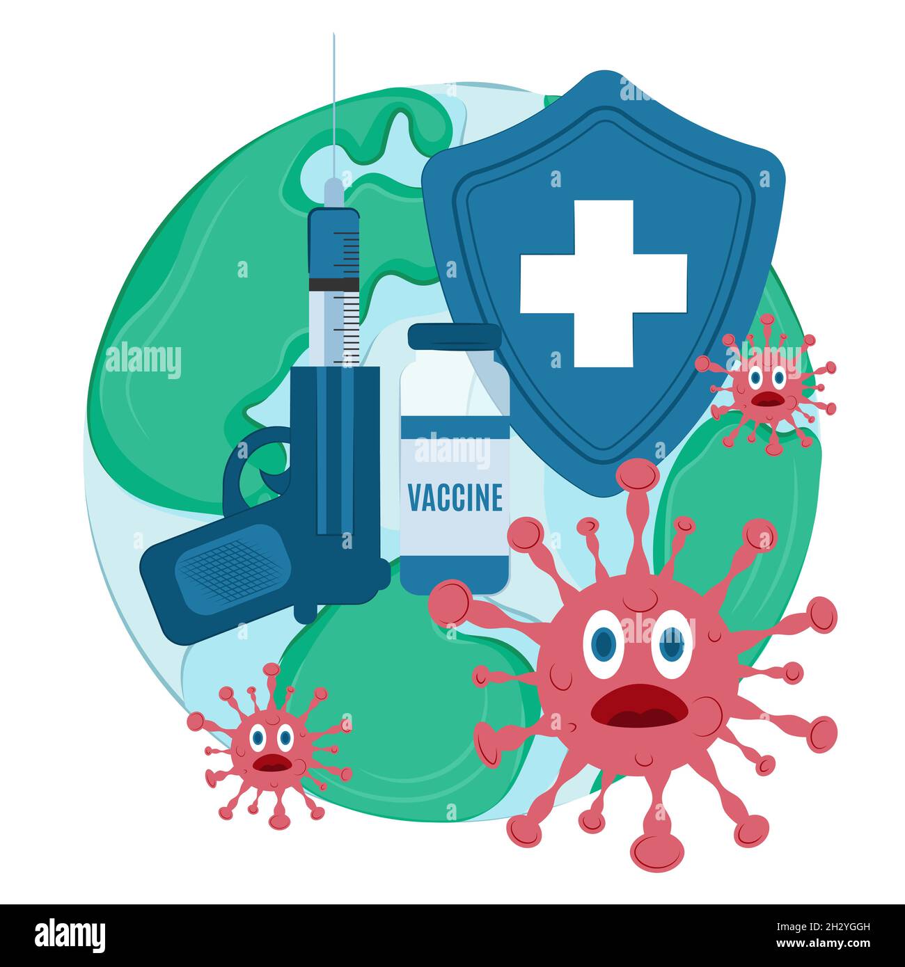 Vaccinazione contro il covid-19 in tutto il mondo. Combattere l'epidemia con il vaccino jab. Inoculare persone da tutto il mondo. Campagna di immunizzazione. Lotta Illustrazione Vettoriale