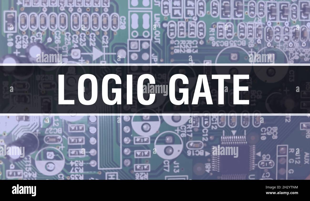 Porta logica con background tecnologico di Electronic computer hardware. Sfondo astratto con circuito integrato elettronico e gate logico. Elettronico Foto Stock