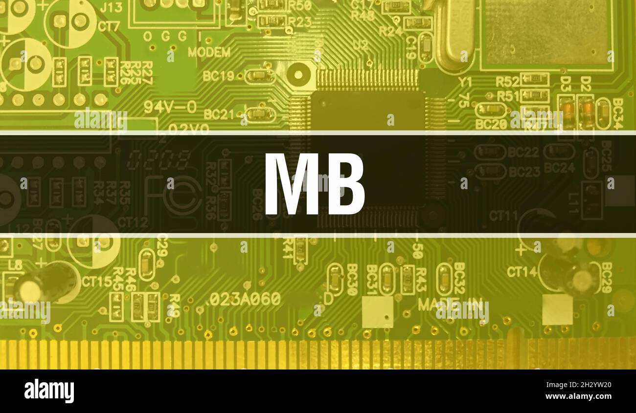 MB con tecnologia scheda madre digitale. MB e scheda a circuito stampato computer tecnologia hardware elettronica scheda madre concetto di chip digitale. Chiudi Foto Stock