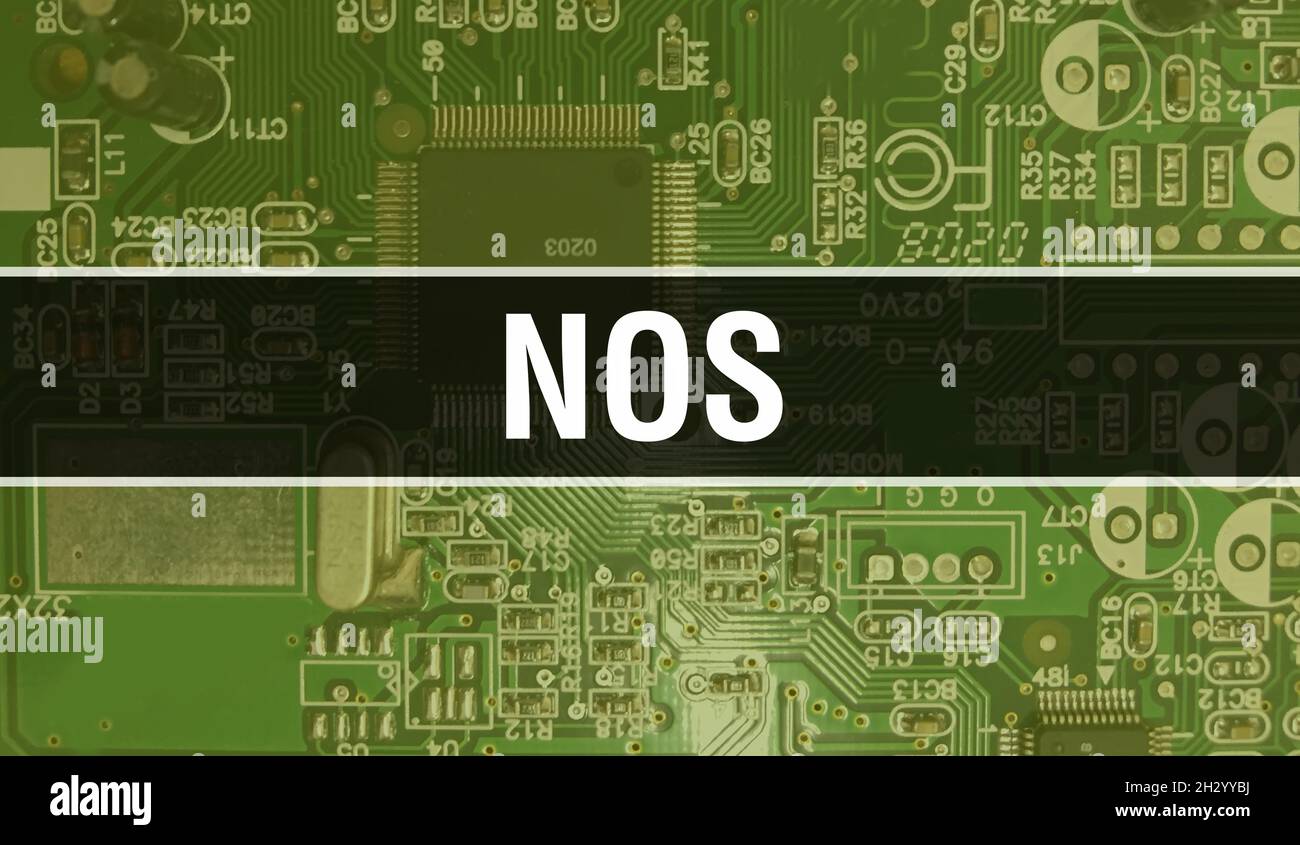 Concetto NOS con circuito integrato elettronico su scheda a circuito stampato. NOS con computer chip in scheda a circuito stampato astratto tecnologia background e chip close Foto Stock
