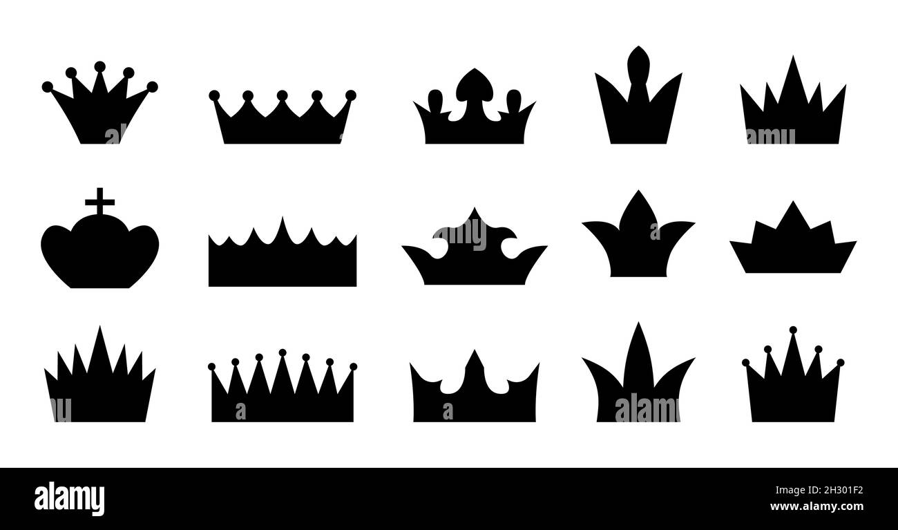 Crown icone silhouette stile piatto set. Coronas per principe o principessa anello e regina isolato su sfondo bianco. Decorazione per sito web, prezzo tag, prodotti. Oggetto per carta. Collezione di elementi araldici Illustrazione Vettoriale