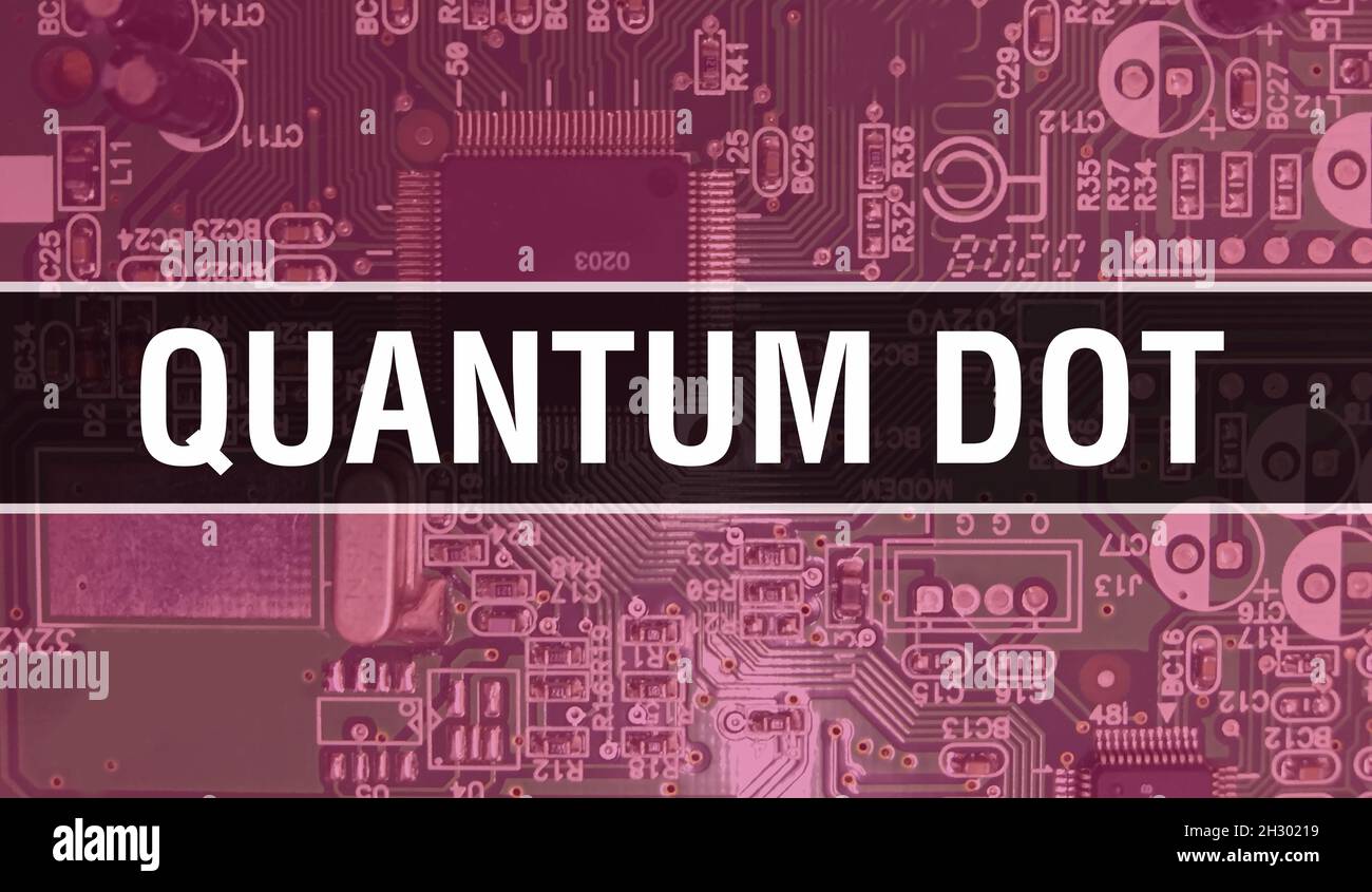 Illustrazione del concetto Quantum Dot che utilizza il chip del computer nella scheda a circuito stampato. Primo piano di Quantum Dot dello sfondo della scheda dei circuiti integrati. Quantum Dot su El Foto Stock