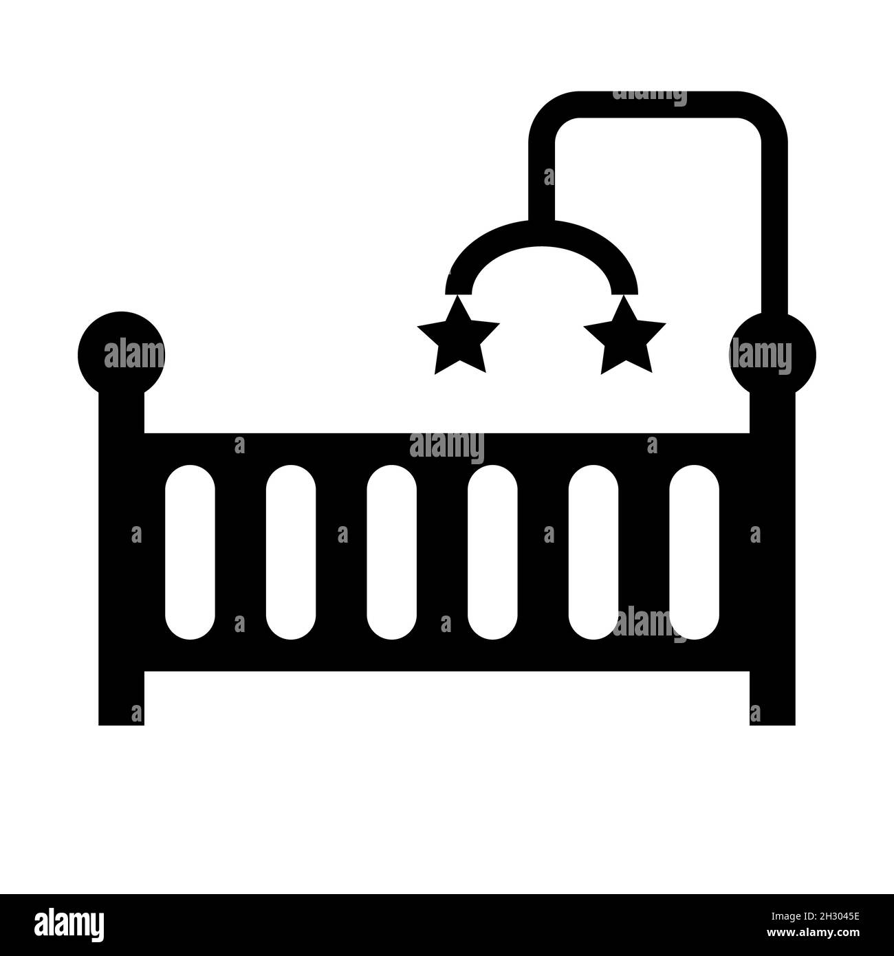 icona culla su sfondo bianco. cartello culla. Culla per bambini. Letto per bambini con logo per giocattoli sospesi. modello piatto. Foto Stock