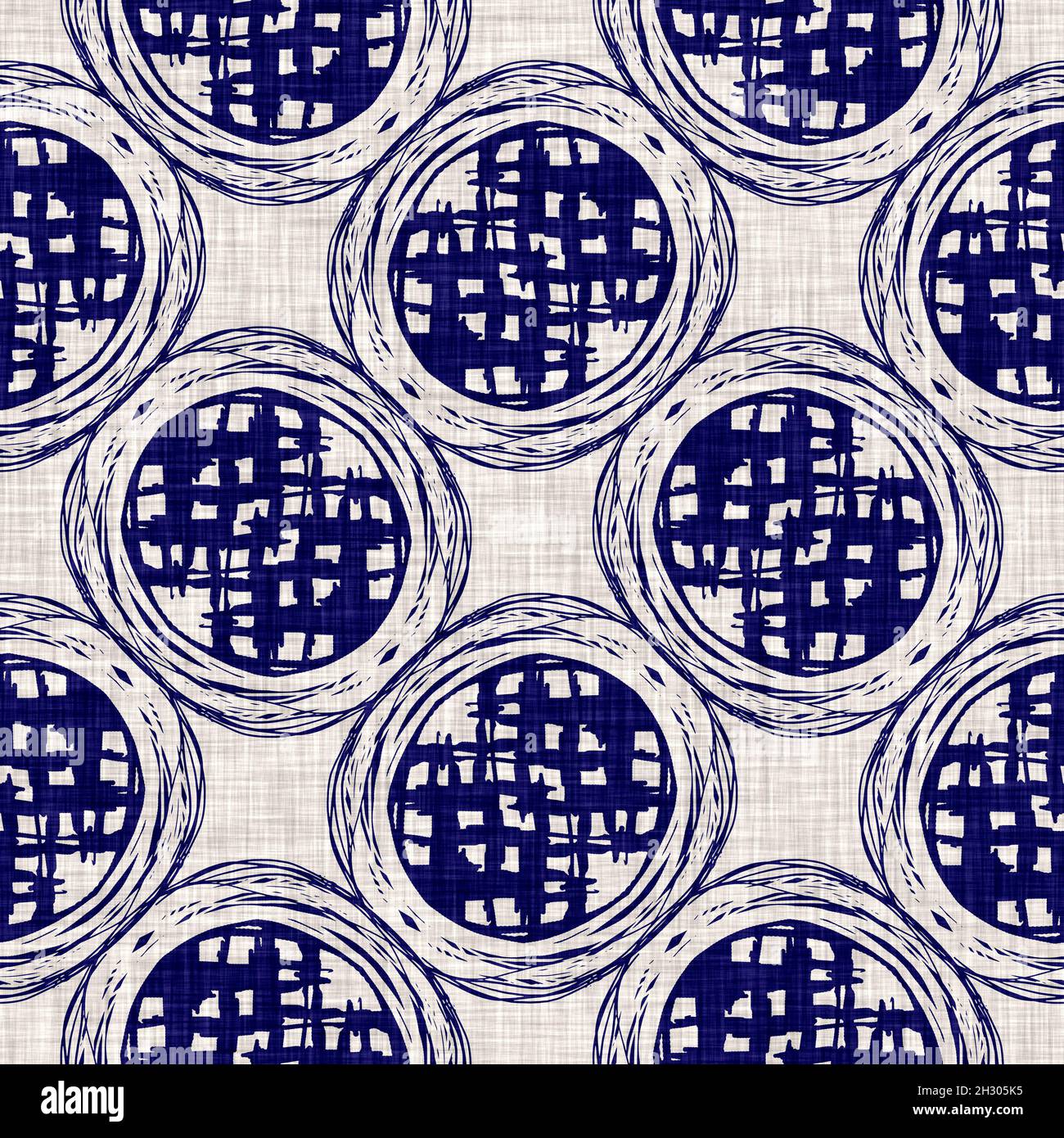 Texture indaco-cerchio senza cuciture. Sfondo blu effetto boro cotone tinto. Giappone ripetizione batik modello di resist. Stampe asiatiche stellato Foto Stock