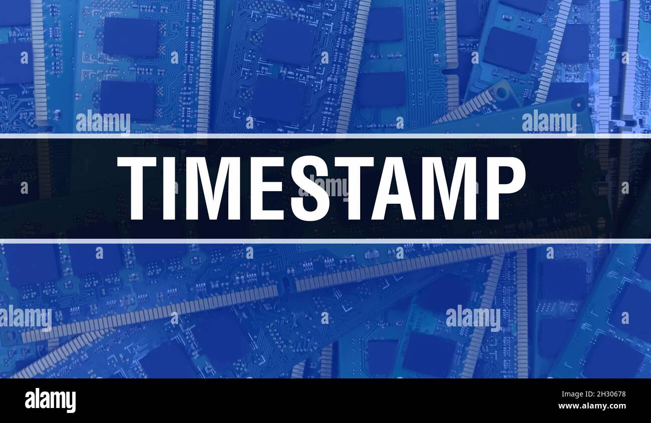 Timestamp con background di tecnologia Electronic computer hardware. Sfondo astratto con circuito integrato elettronico e timestamp. Ci. Elettronica Foto Stock