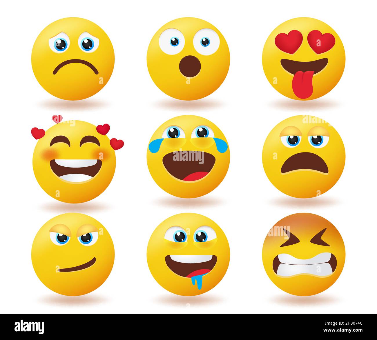 Set di vettori di reazione emoji Smileys. Collezione di volti gialli emoticon con espressione facciale isolata su sfondo bianco per il viso emoticon. Illustrazione Vettoriale