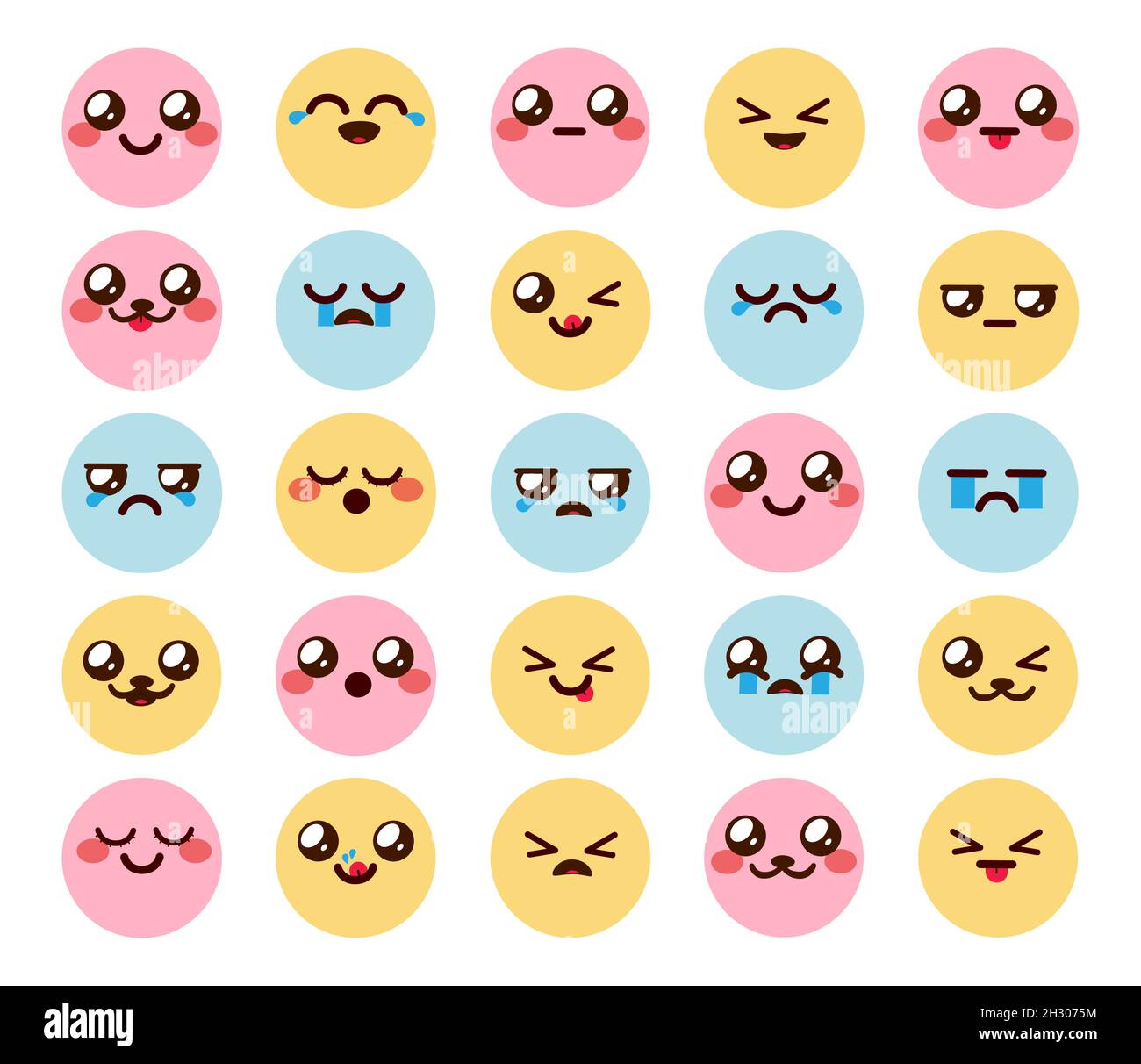 Kawaii smileys chibi vettore set. Emoticon simpatico cartone animato emojis espressione con felice, sorridente, triste e arrossente in volti colorati per kawaii chibis. Illustrazione Vettoriale