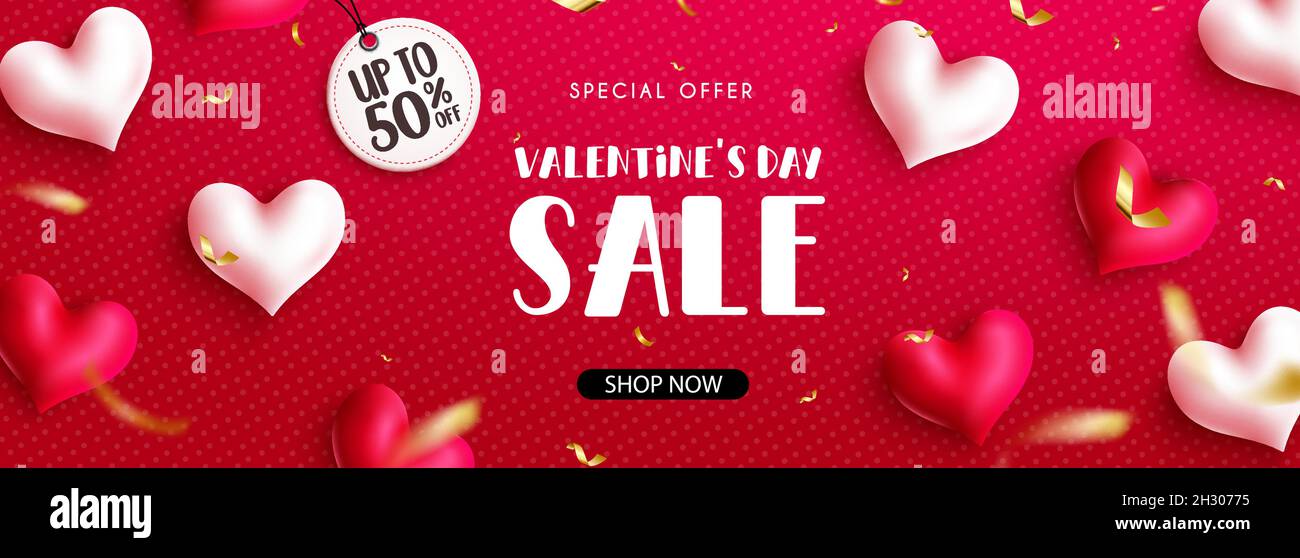 San Valentino vendita vettore banner sfondo. Offerta speciale per San Valentino testo in rosso con fino al 50% di sconto per lo shopping di San Valentino. Illustrazione Vettoriale