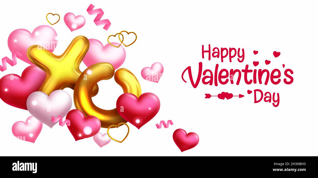 Happy valentines vettoriale background design. Buon San Valentino testo di saluto con elementi decorativi di palloncino d'oro, cuori e confetti. Illustrazione Vettoriale