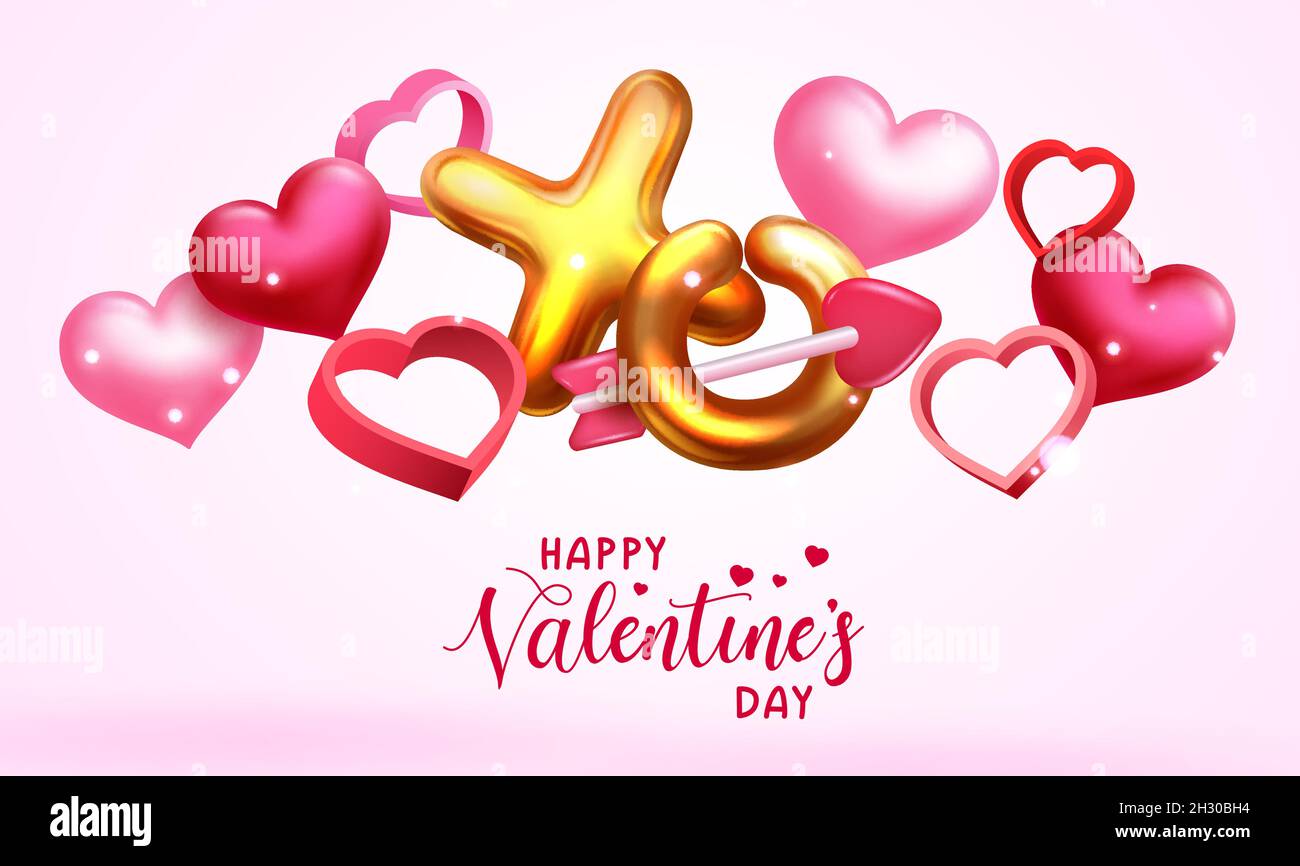 CValentines disegno vettoriale dello sfondo. Buon San Valentino con palloncini d'oro galleggianti, cuori e frecce elementi romantici per San Valentino. Illustrazione Vettoriale