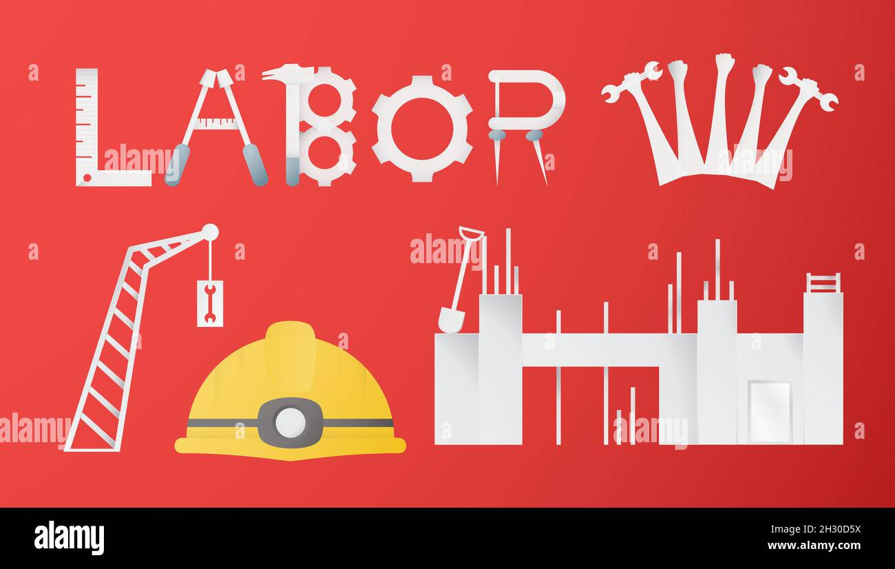 Elementi decorativi del Labor Day per banner, poster, copertina, pubblicità, sito web. Illustrazione vettoriale in carta tagliata e stile artigianale su sfondo rosso Illustrazione Vettoriale