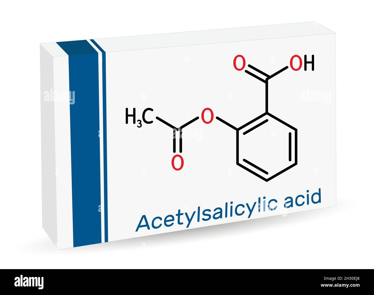 Acido acetilsalicilico, aspirina, molecola ASA. È salicilato, analgesico e antipiretico farmaco. Formula chimica scheletrica. Confezione in carta per dr Illustrazione Vettoriale
