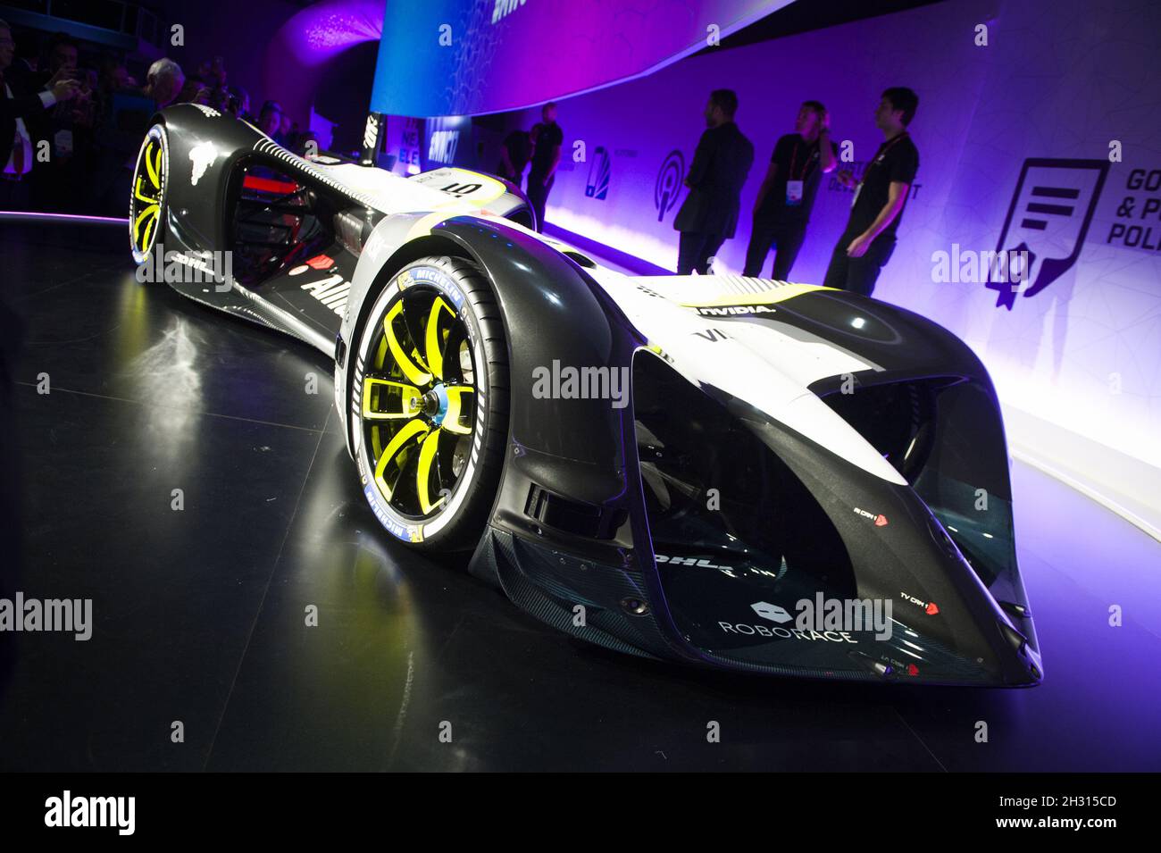 Roborace auto al GSMA Mobile World Congress 2017, Grand Fira, Barcellona. Data foto: Lunedì 27 febbraio 2017. Foto Stock