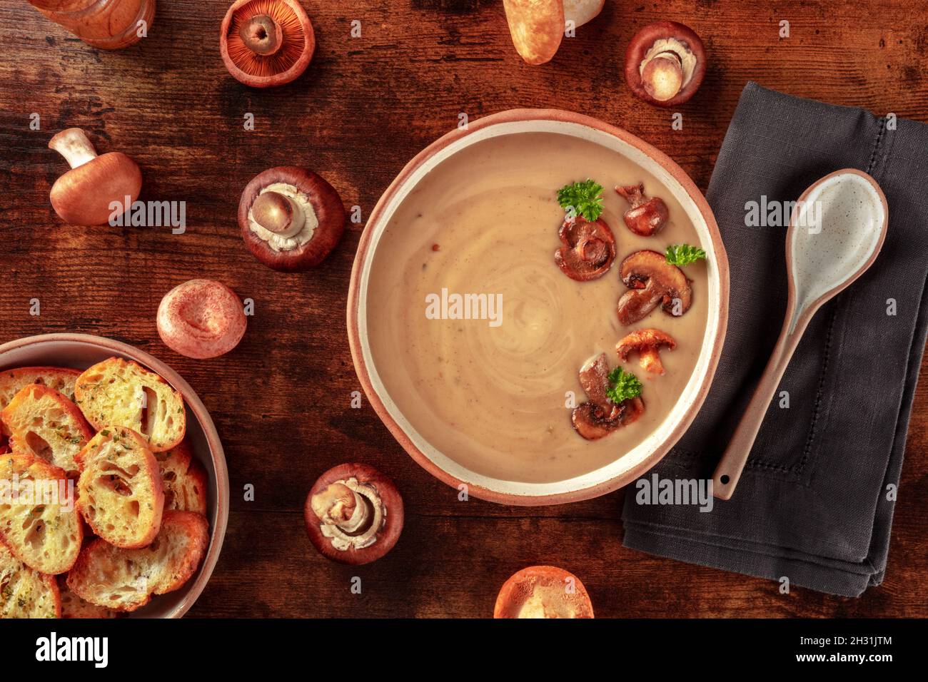 Zuppa di crema ai funghi con vari funghi e pane tostato, sopra la testa piatta posare sparato su un fondo rustico scuro di legno Foto Stock