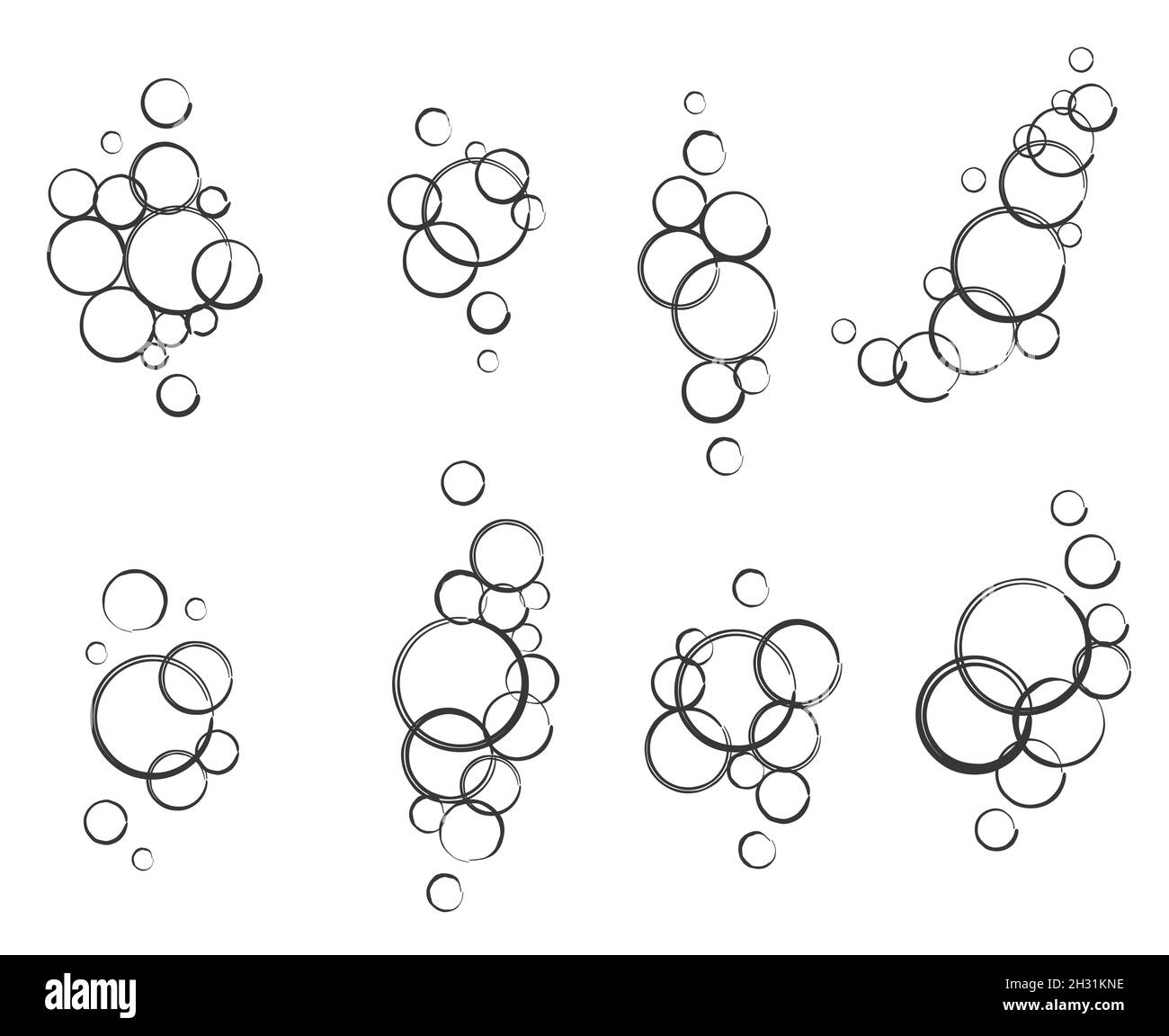 Bolle di fizzy drink, aria o sapone. Flussi verticali di acqua. Illustrazione vettoriale del doodle del contorno. Illustrazione Vettoriale