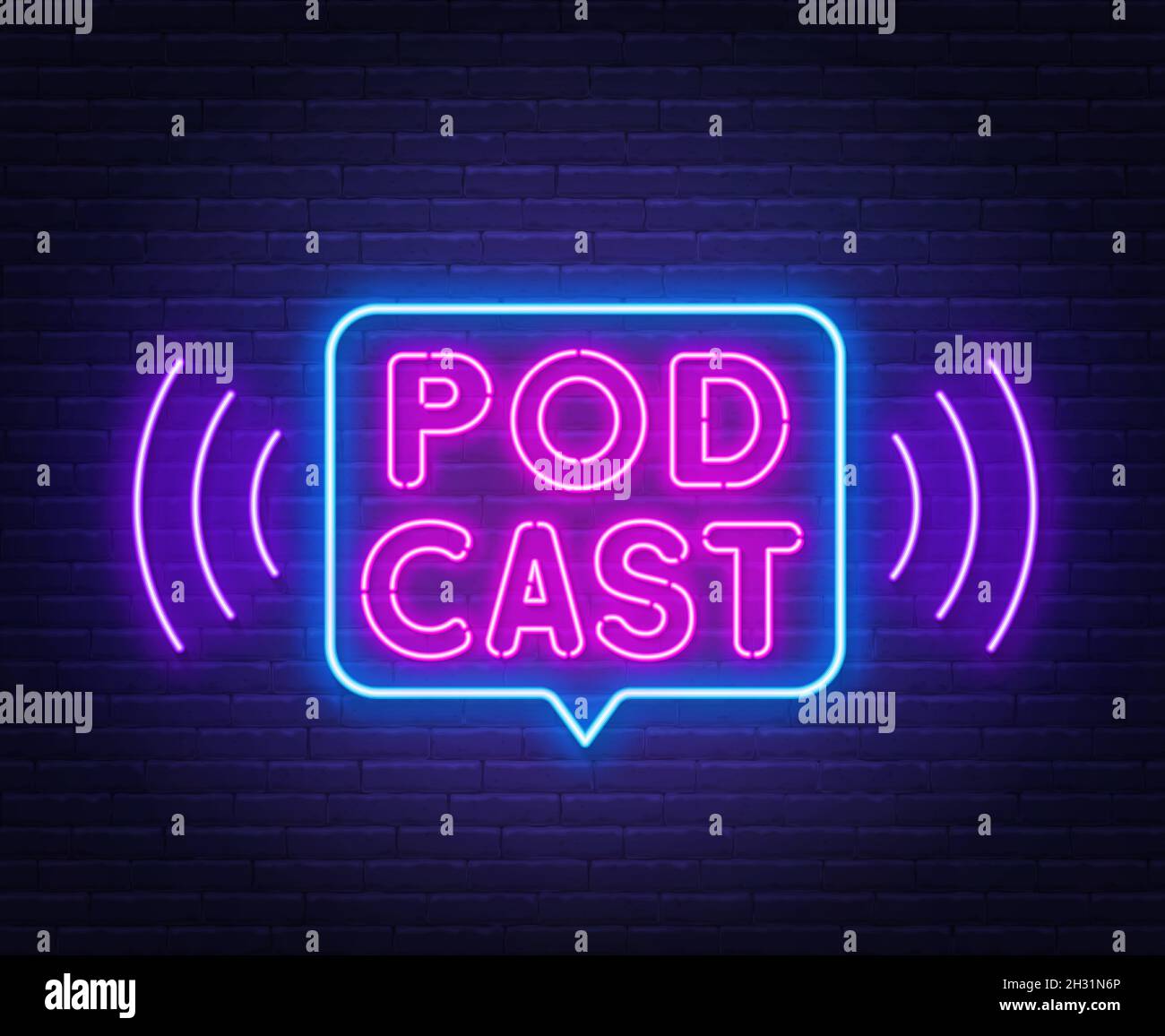 Cartello al neon podcast su sfondo muretto in mattoni . Illustrazione Vettoriale