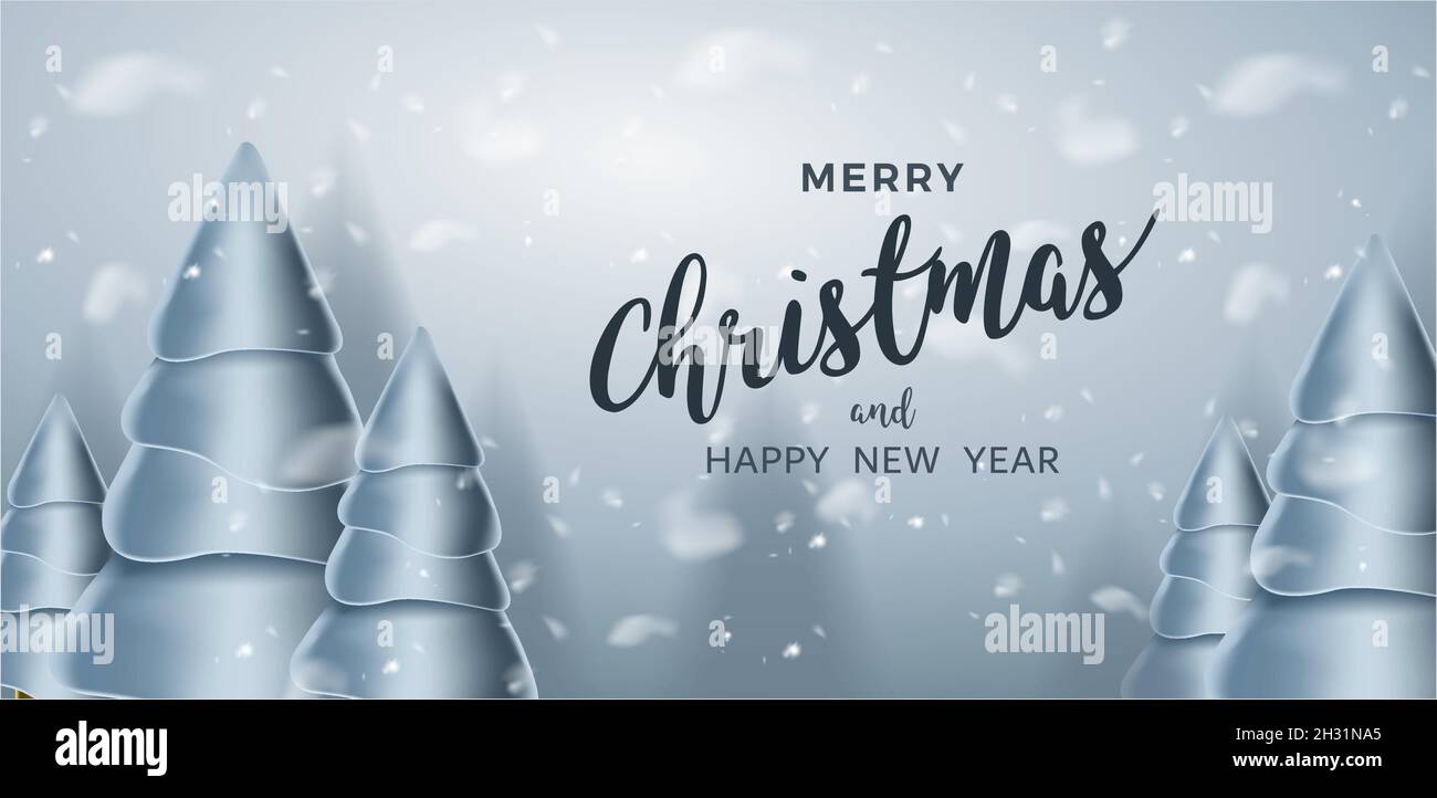buon natale e buon anno con alberi di natale e neve Illustrazione Vettoriale