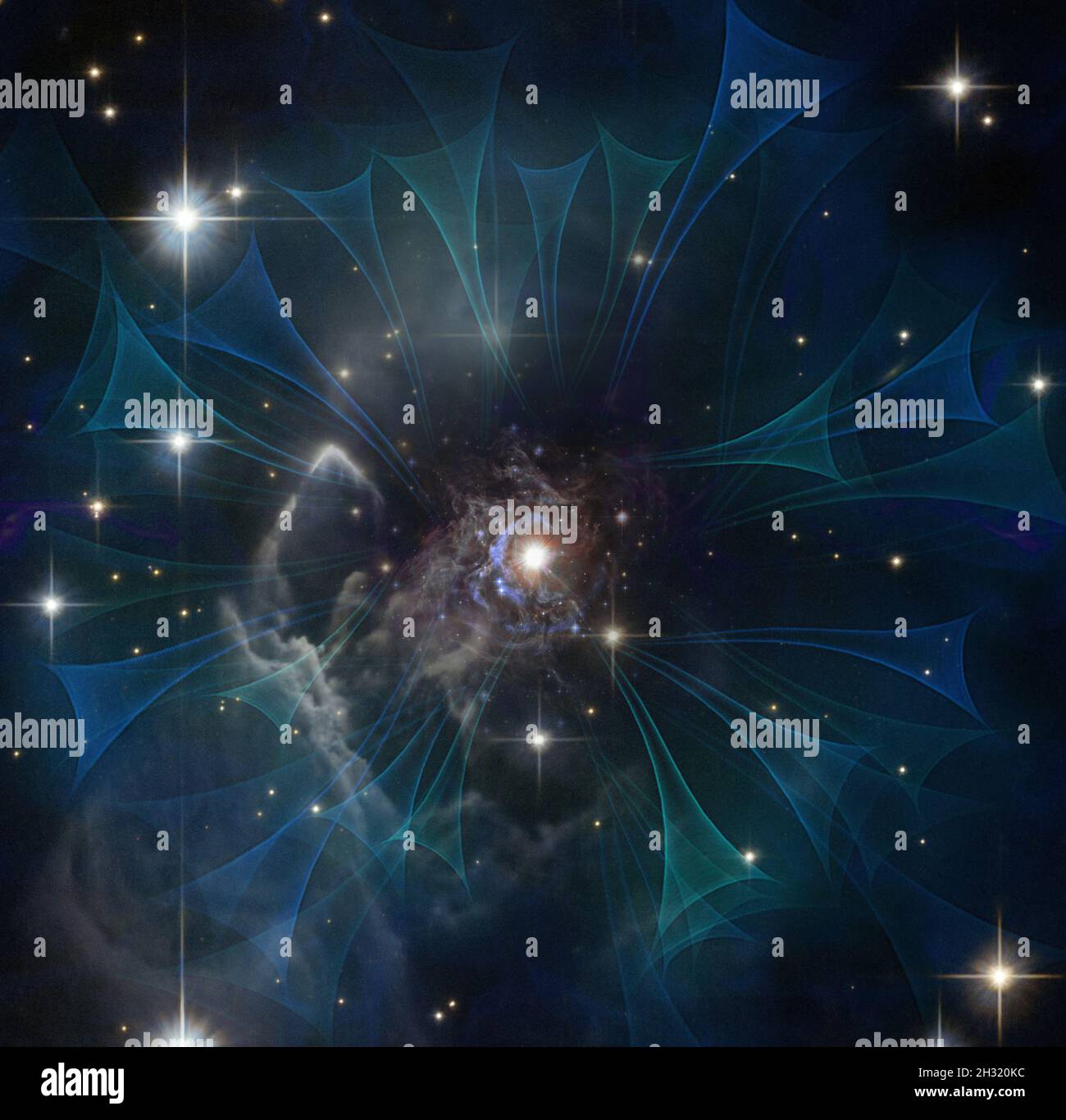 Campi di onde gravitazionali ed elettromagnetiche attorno alla nuova galassia, universo fantascientifico. Collage. Elementi di questa immagine forniti dalla NASA. Foto Stock