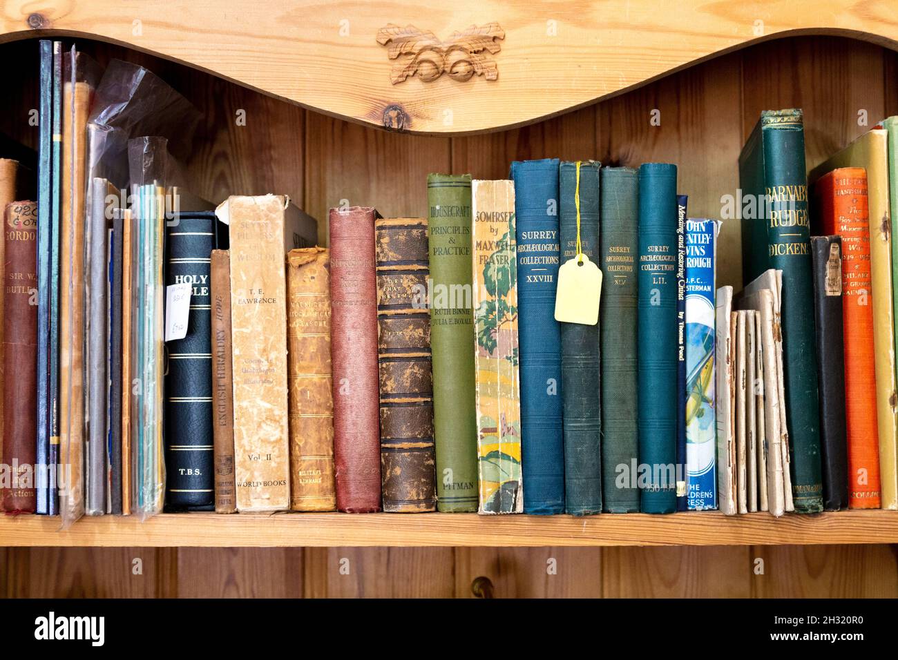 Selezione di libri d'antiquariato in un negozio di seconda mano (Hampton Court Emporium, East Molesay, UK) Foto Stock