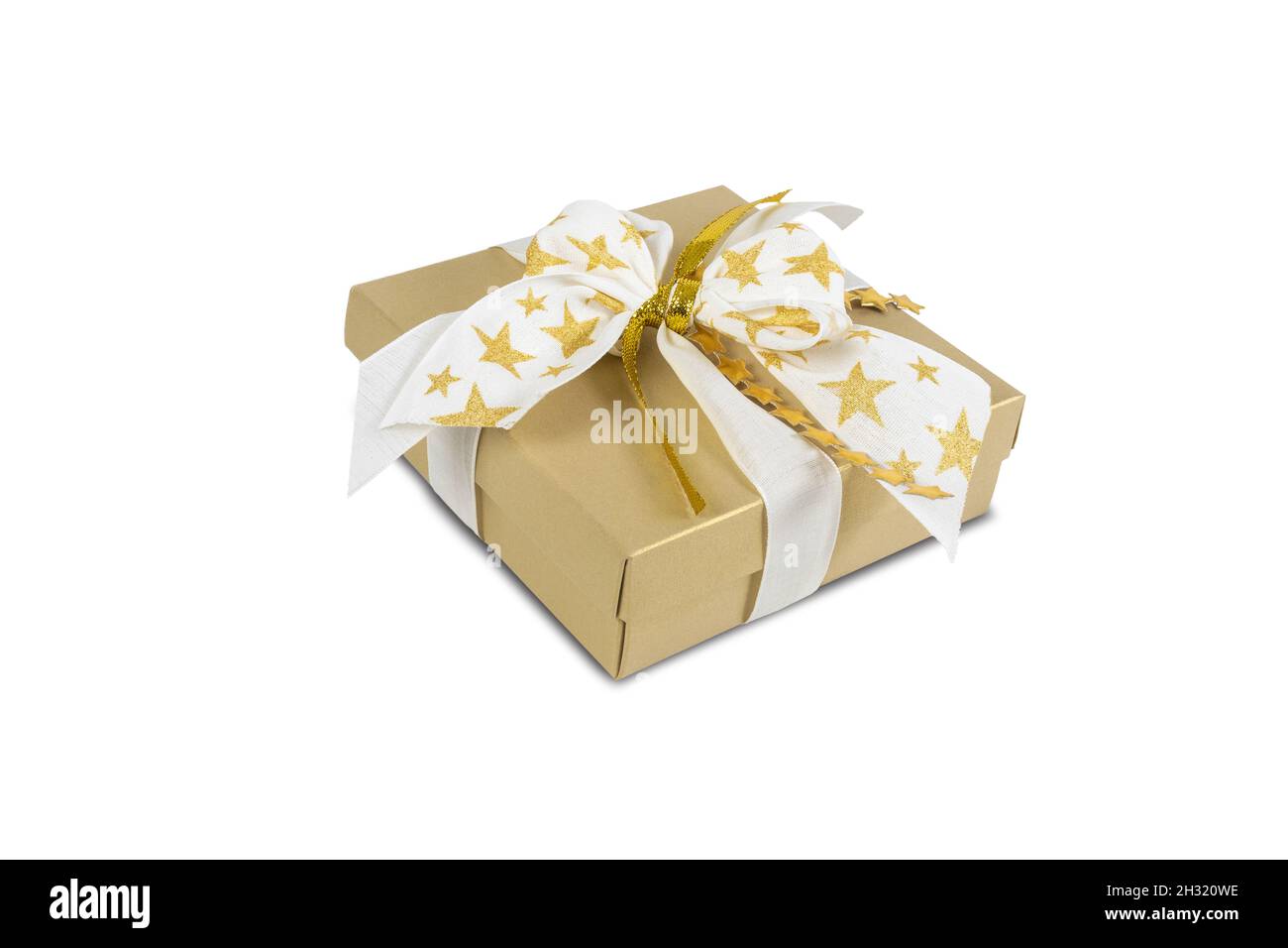 Scatola regalo di Natale in oro elegante e di lusso. Foto Stock