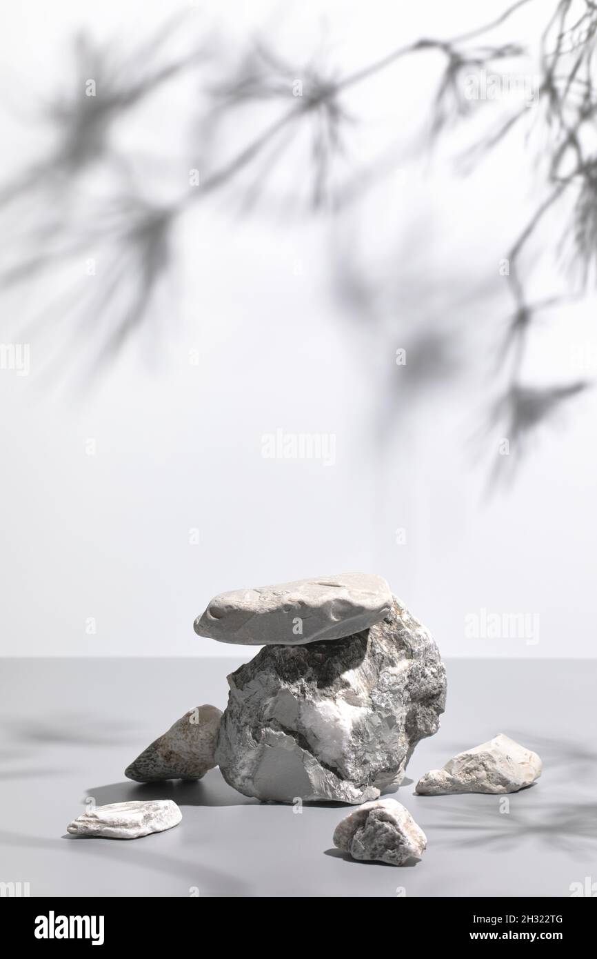 Scena natura con composizione di pietre grigie e ombre Foto Stock