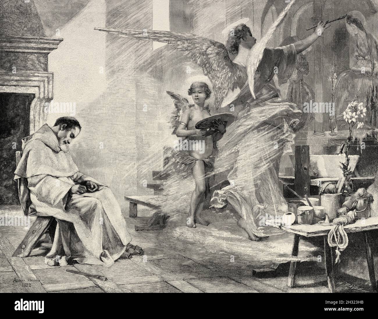 Il sogno di fra Angelico, dipinto da Albert Pierre René Maignan (1845-1908) è stato un pittore e illustratore di storia francese. Antica illustrazione del 19 ° secolo inciso da la Ilustración Artística 1882 Foto Stock