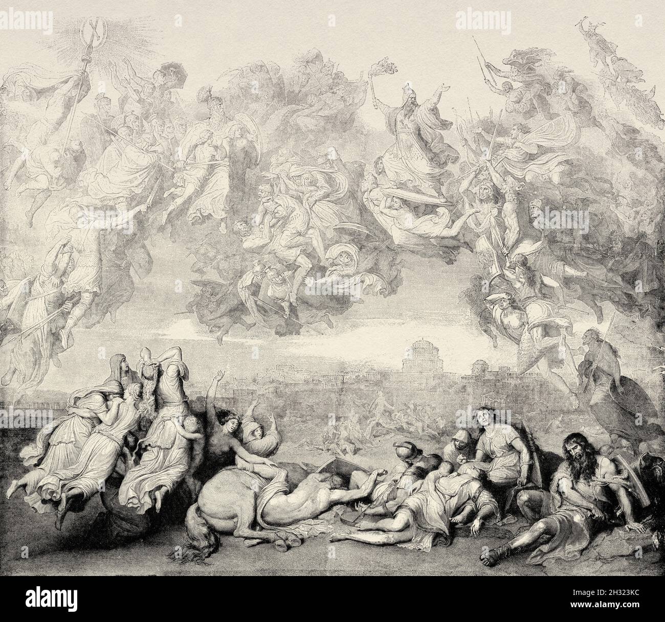 L'invasione degli Unni, dipinta da Wilhelm von Kaulbach (1805-1874), fu un pittore tedesco. Antica illustrazione del 19 ° secolo inciso da la Ilustración Artística 1882 Foto Stock