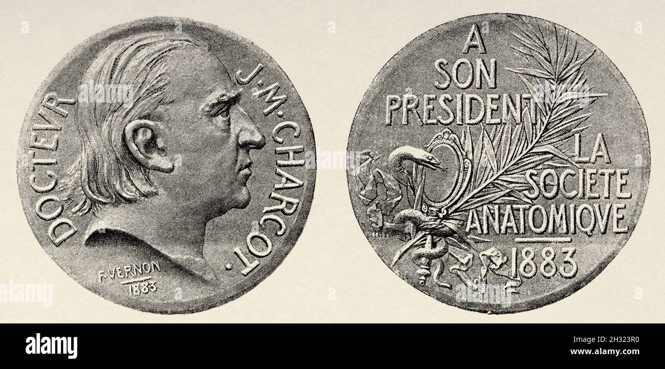 Medaglia offerta dalla società anatomica Francia a Jean-Martin Charcot (1825-1893) è stato un neurologo francese e professore di patologia anatomica. È conosciuto come il fondatore della neurologia moderna, Francia. Europa. Antica illustrazione del 19 ° secolo inciso da la Nature 1883 Foto Stock