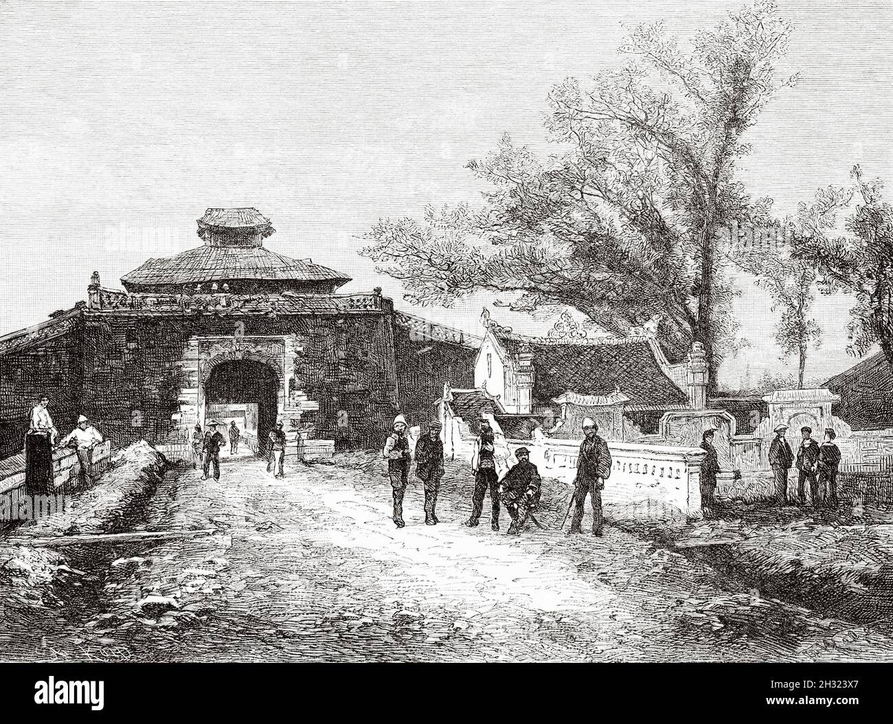 Cittadella porta Sud, Hanoi, Vietnam. Asia. Vecchio 19 ° secolo inciso illustrazione Una campagna in Tonkin di Charles Edouard Hocquard da le Tour du Monde 1889 Foto Stock