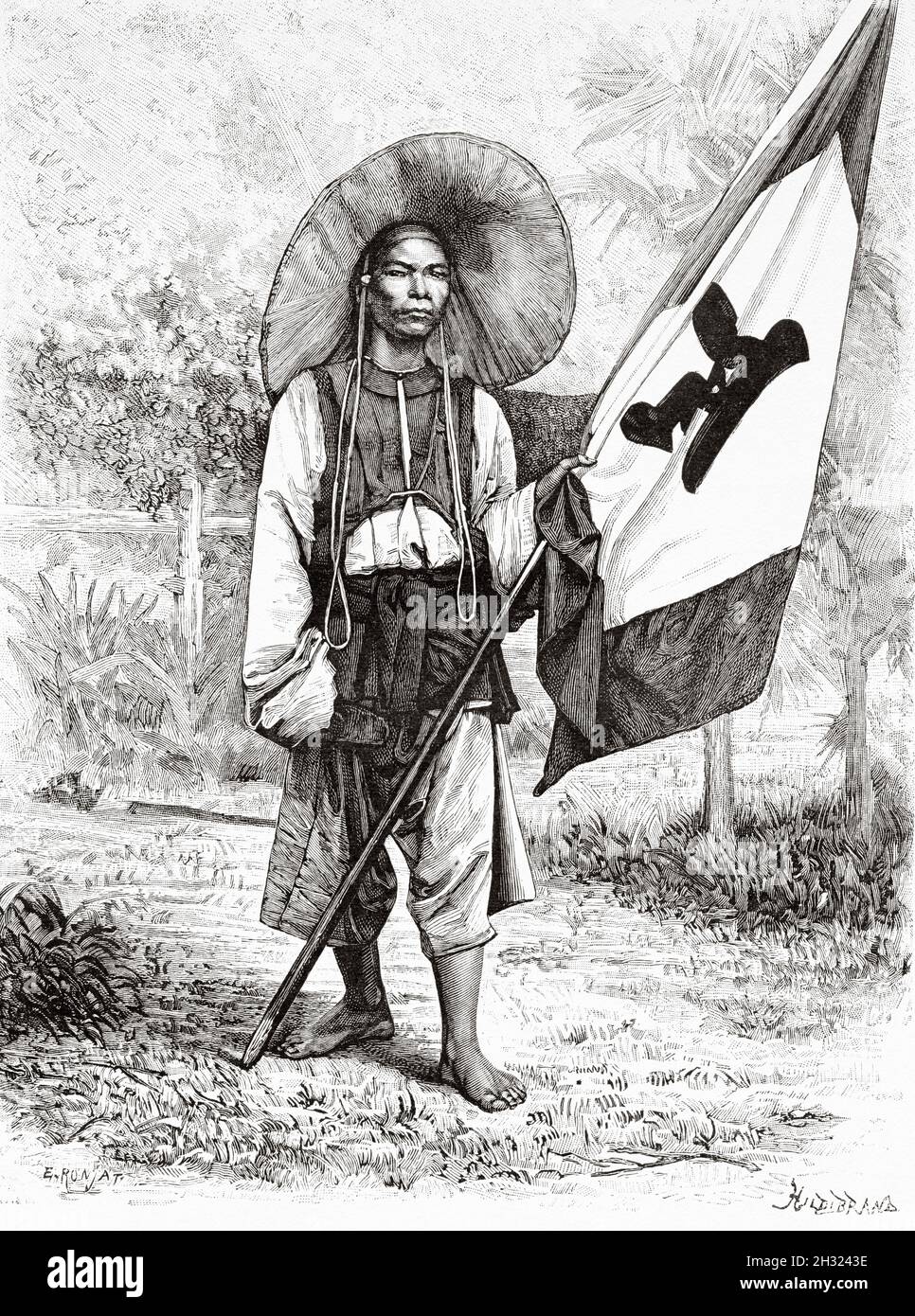 Soldato regolare cinese, Vietnam. Asia. Vecchio 19 ° secolo inciso illustrazione Una campagna in Tonkin di Charles Edouard Hocquard da le Tour du Monde 1889 Foto Stock