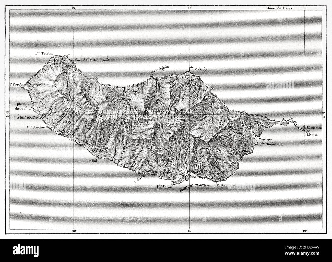 Vecchia mappa dell'isola di Madeira, Portogallo. Europa. Illustrazione dell'antica isola di Madeira del diciannovesimo secolo di Marchese degli Albizzi da le Tour du Monde 1889 Foto Stock