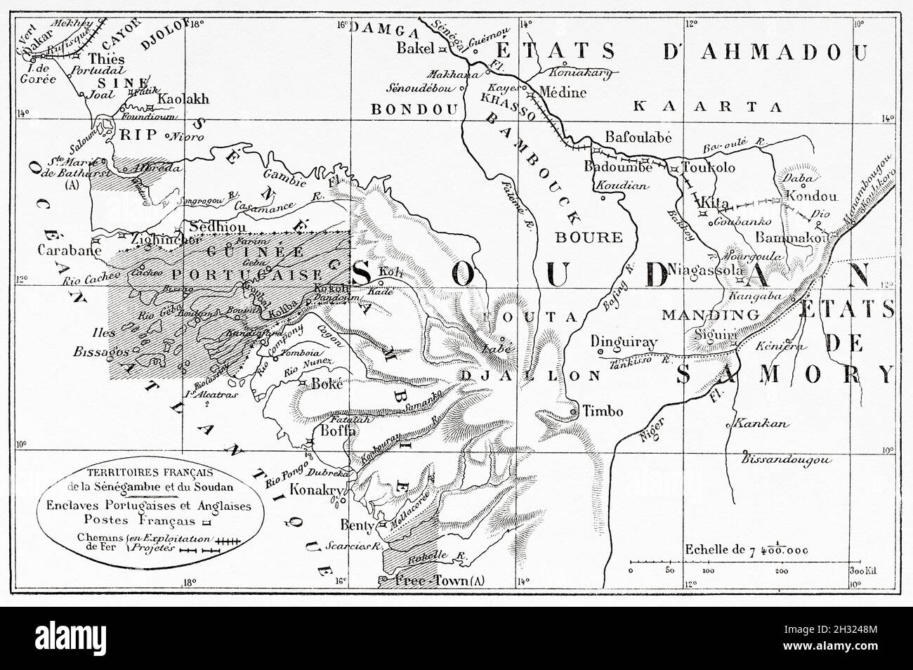 Mappa completa di Senegambia con enclave portoghese. Guinea-Bissau Africa. Illustrazione del vecchio XIX secolo inciso, viaggio attraverso Senegambia e la Guinea portoghese da parte del capitano Henri Brossard-Faidherbe (1855-1893) da le Tour du Monde 1889 Foto Stock