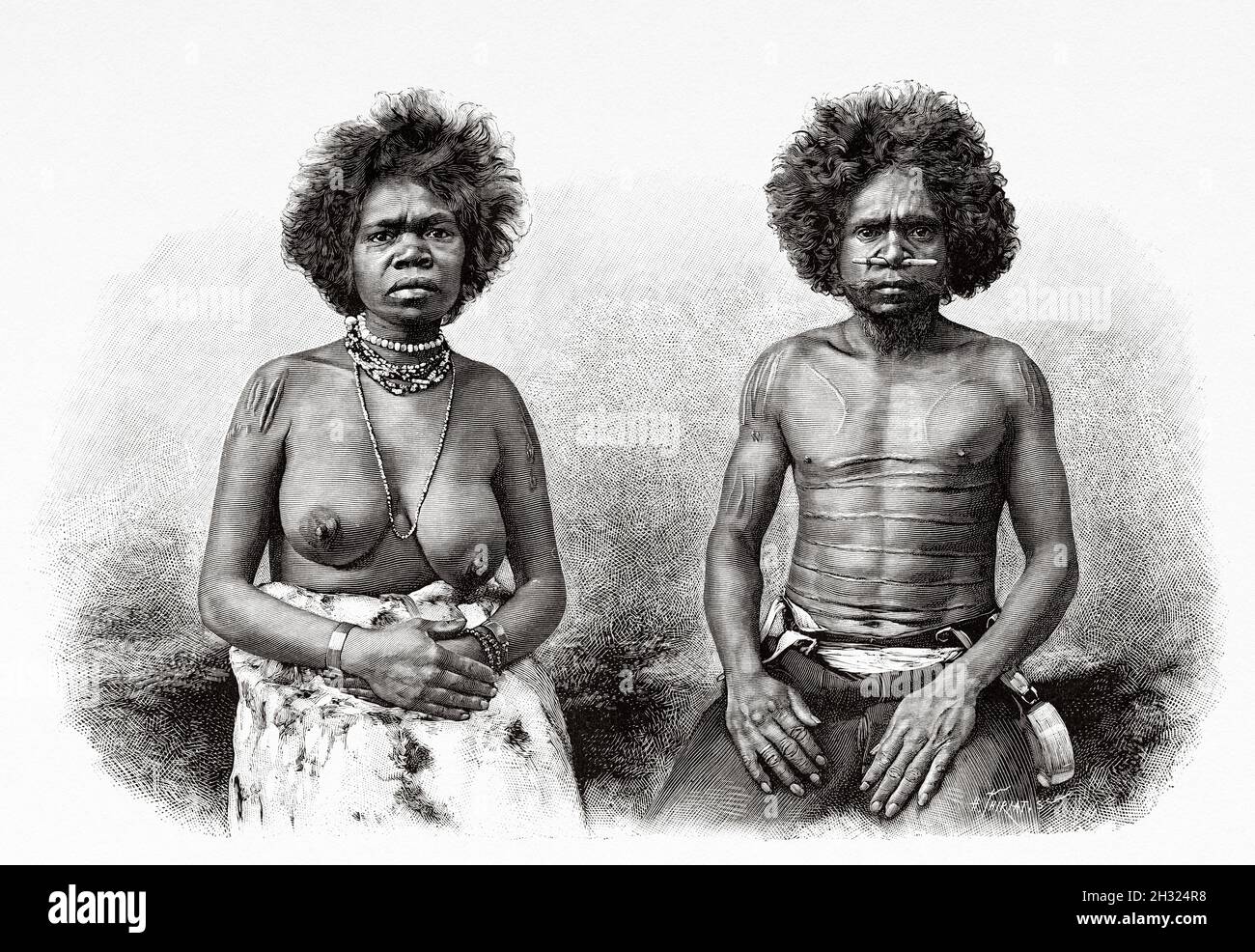 Aborigeni australiani indigeni. Queensland, Australia. Illustrazione del vecchio 19 ° secolo inciso, viaggio verso l'Australia nord-orientale di Carl Lumholtz 1880-1884 da le Tour du Monde 1889 Foto Stock