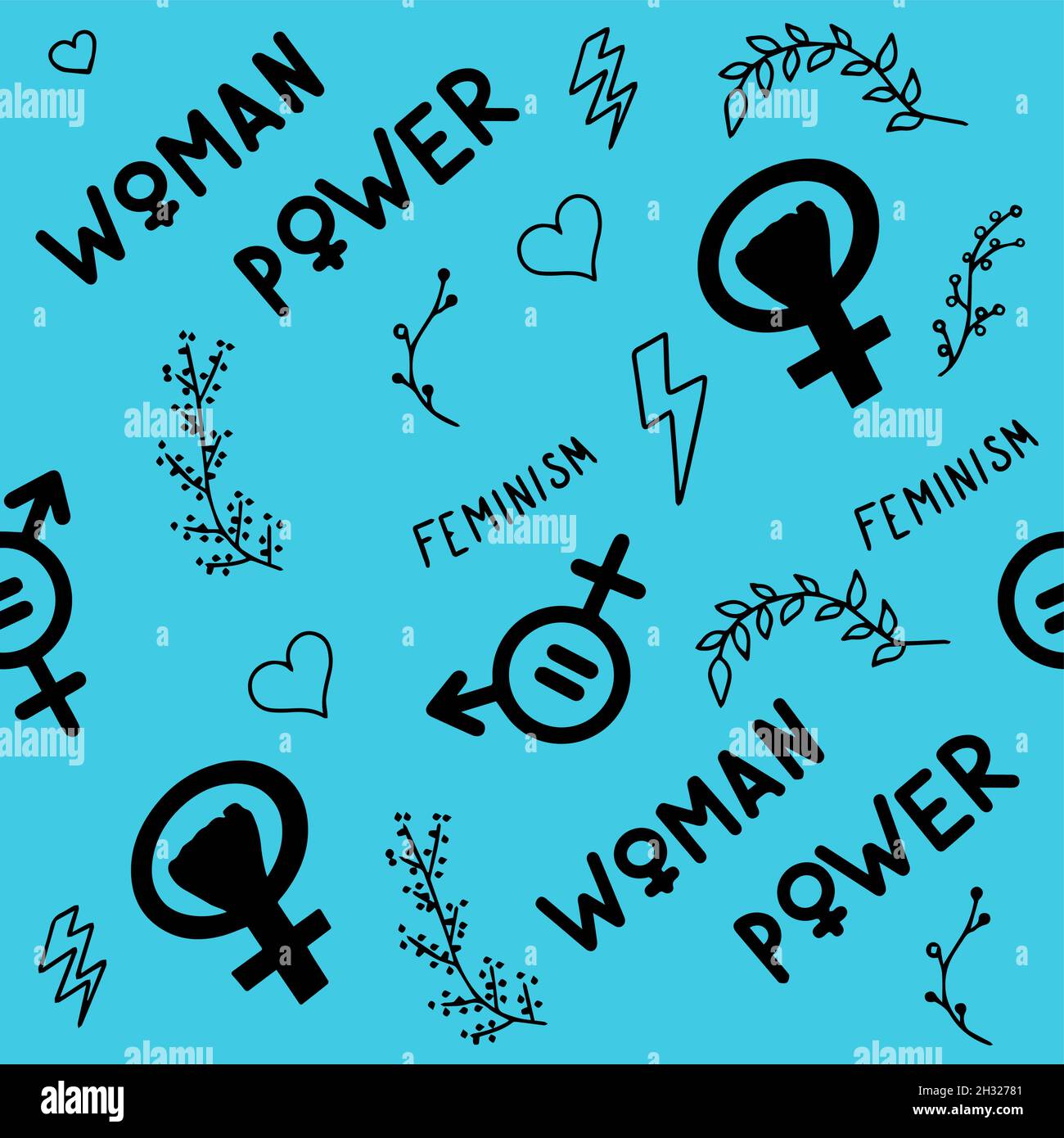 Il modello senza cuciture spandiera segni di femminismo, diritti delle donne. Grunge icone vettoriali disegnate a mano di simboli di protesta del Feminismo Un rally per combattere per il voto Illustrazione Vettoriale