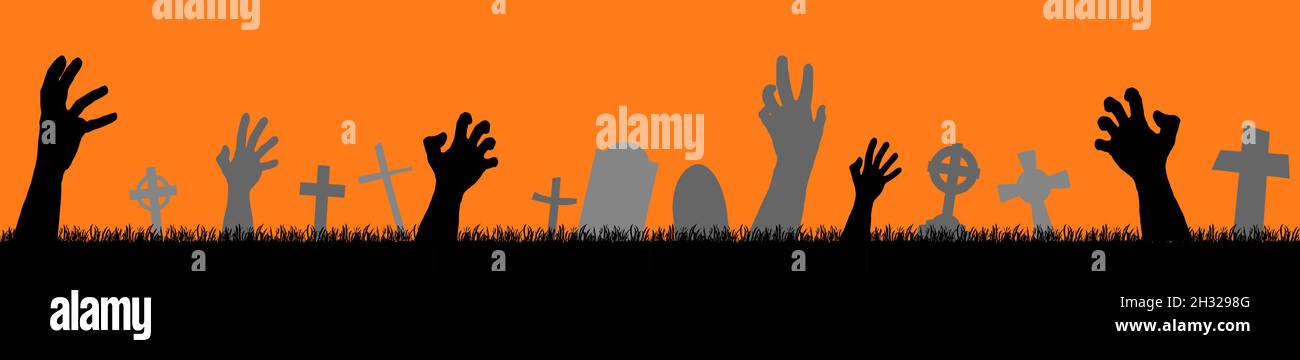 EPS 10 file vettoriale silhouette senza giunture con le mani spaventose zombie e pietre di tomba per i layout di sfondo di Halloween Illustrazione Vettoriale