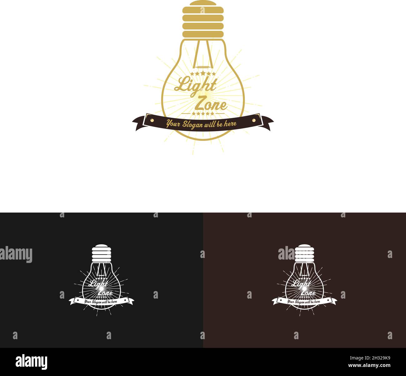 Lampada a lampadina icona elemento logo con un sole luminoso nastro modello Illustrazione Vettoriale