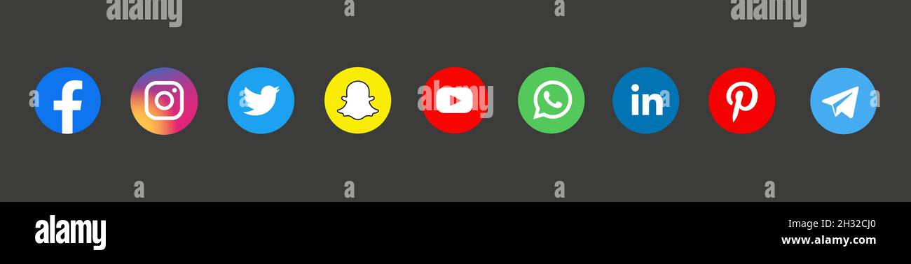 Facebook, twitter, instagram, youtube, snapchat, pinterest, whatsap, linkedin, periscope, vimeo - raccolta di logo popolari sui social media. Illustrazione Vettoriale