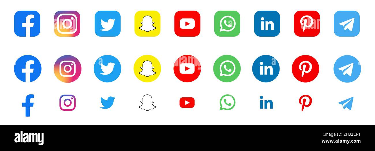 Facebook, twitter, instagram, youtube, snapchat, pinterest, whatsap, linkedin, periscope, vimeo - raccolta di logo popolari sui social media. Illustrazione Vettoriale