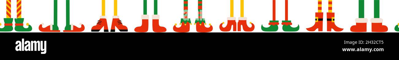 Scarpe e stivali per piedi elfi. Babbo Natale aiutanti. Motivo senza cuciture, bordo senza fine, spazzola decorativa per le vacanze natalizie con piedi e gambe. Elf Illustrazione Vettoriale